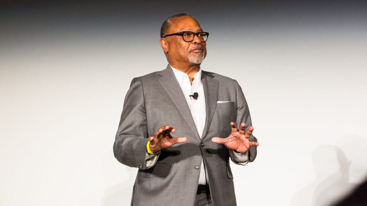 Kenneth L. Shropshire speaking at "The Journey of The Black Quarterback" Global Sport Institute event at the Phoenix Art Museum on February 20, 2020.