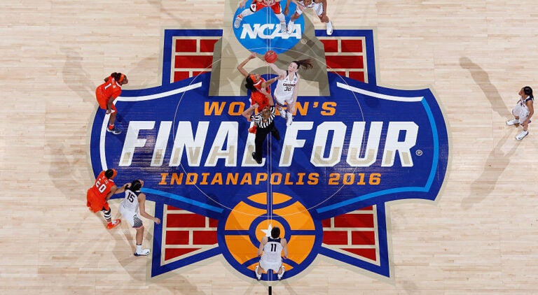 INDIANAPOLIS, IN - APRIL 05: Breanna Stewart #30 of the Connecticut Huskies tips-off against Briana Day #50 of the Syracuse Orange at the start of the first quarter during the championship game of the 2016 NCAA Women's Final Four Basketball Championship at Bankers Life Fieldhouse on April 5, 2016 in Indianapolis, Indiana. (Photo by Joe Robbins/Getty Images)